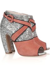 Miu Miu Glitter and Suede Peep-toe Ankle Boots