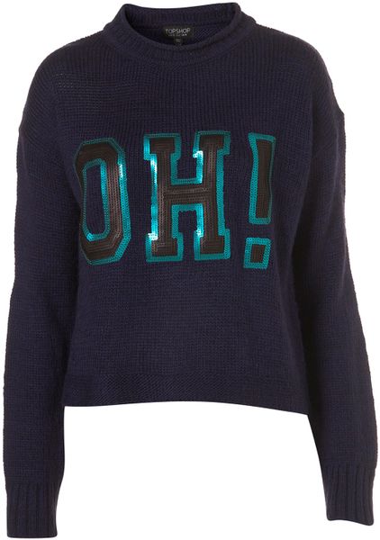 Topshop Knitted Oh! Motif Crop Jumper in Blue (indigo) - Lyst