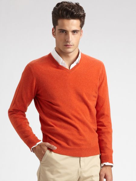 Saks Fifth Avenue V-neck Cashmere Sweater in Orange for Men