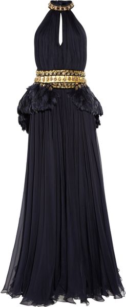 Alexander Mcqueen Feathered Halterneck Chiffon Gown in Blue (navy) - Lyst