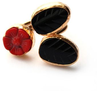 Toosis Red Coral Rose with Black Onyx Leaves Ring - Lyst
