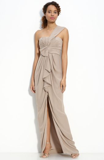 BCBGMAXAZRIA Ruffle Front One Shoulder Satin Gown - Lyst