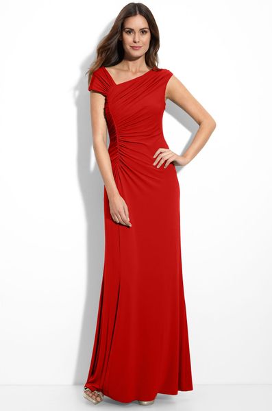 Calvin Klein Asymmetrical Ruched Jersey Gown in Red - Lyst