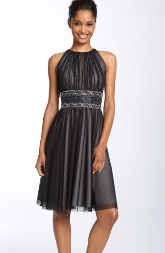 Js Boutique Cutaway Shoulder Beaded Mesh Dress - Lyst