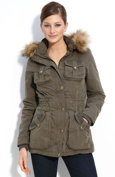 Miss Sixty Knit Trim Anorak with Faux Fur Trim in Green (army green) - Lyst