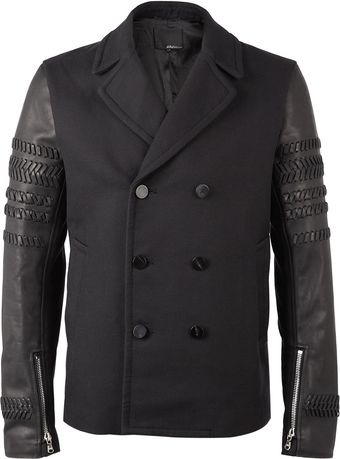  Black Leather Braid Biker Sleeve Pea Coat 