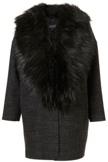 Topshop Tweed Faux Fur Collar Boyfriend Coat - Lyst