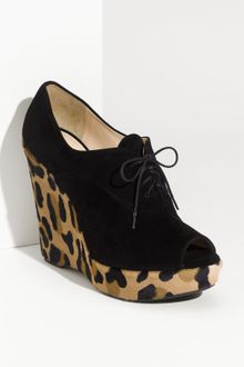 Prada Black Suede Leopard Print Calf Hair Peep Toe Wedges - Lyst