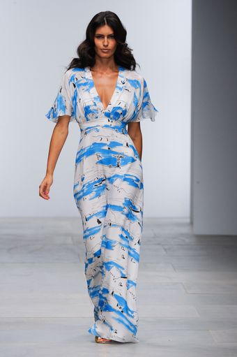 Issa Spring 2012 White Maxi Length V-Neck Dress With Blue And Black Print - Lyst