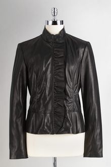 Tahari Ruffled Front Leather Jacket - Lyst