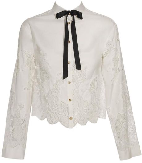 Meadham Kirchhoff Roseta Cropped Silk Shirt with Lace Inserts in White (ivory) - Lyst