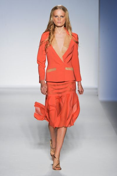 Alberta Ferretti Spring 2012 Leather Collared Coral SkirtSuit with Pleated Skirt in Orange (gold, orange) - Lyst