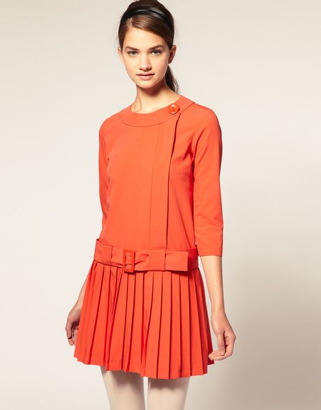 Asos Collection Asos Dress with Pleated Skirt in Orange - Lyst