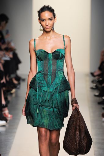 Bottega Veneta Spring 2012 Emerald Green Bustier Dress with Plisse Skirt - Lyst