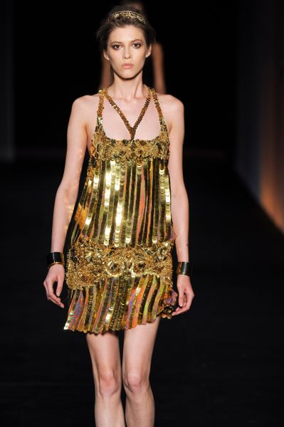 Roberto Cavalli Spring 2012 Gold Sequin Cocktail Dress With Psychedelic Multi Print Detail in Gold - Lyst