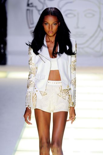 Versace Spring 2012 White Leather Short Motorcycle Jacket With Gold Stud Details - Lyst