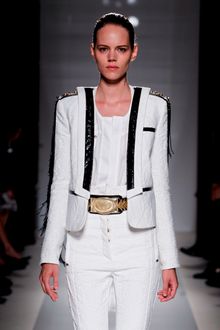 Balmain Spring 2012 Single Breasted White Jacket With Fringed Sleeves, Embroidered Shoulders And Contrasting Details - Lyst