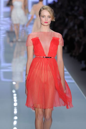 Dior Spring 2012 Pleated Sheer Belted Dress with Organza Neckline - Lyst
