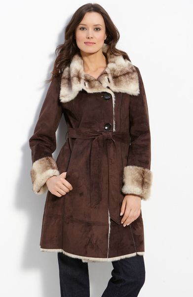 Ellen Tracy Long Belted Faux Shearling Coat in Brown - Lyst