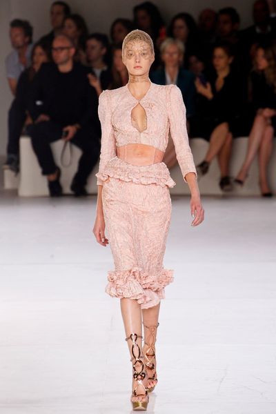 Alexander Mcqueen Spring 2012 Pink Ruffle Trim Pencil Skirt  in Pink - Lyst