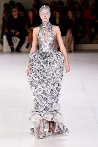 Alexander McQueen Spring 2012 Silver High Neck Gown With Mille-Feuille Skirt - Lyst