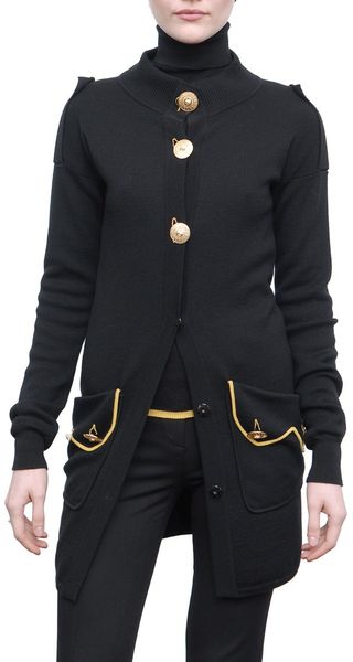 Versace Wool Cardigan Sweater with Gold Button and Yellow Details - Lyst
