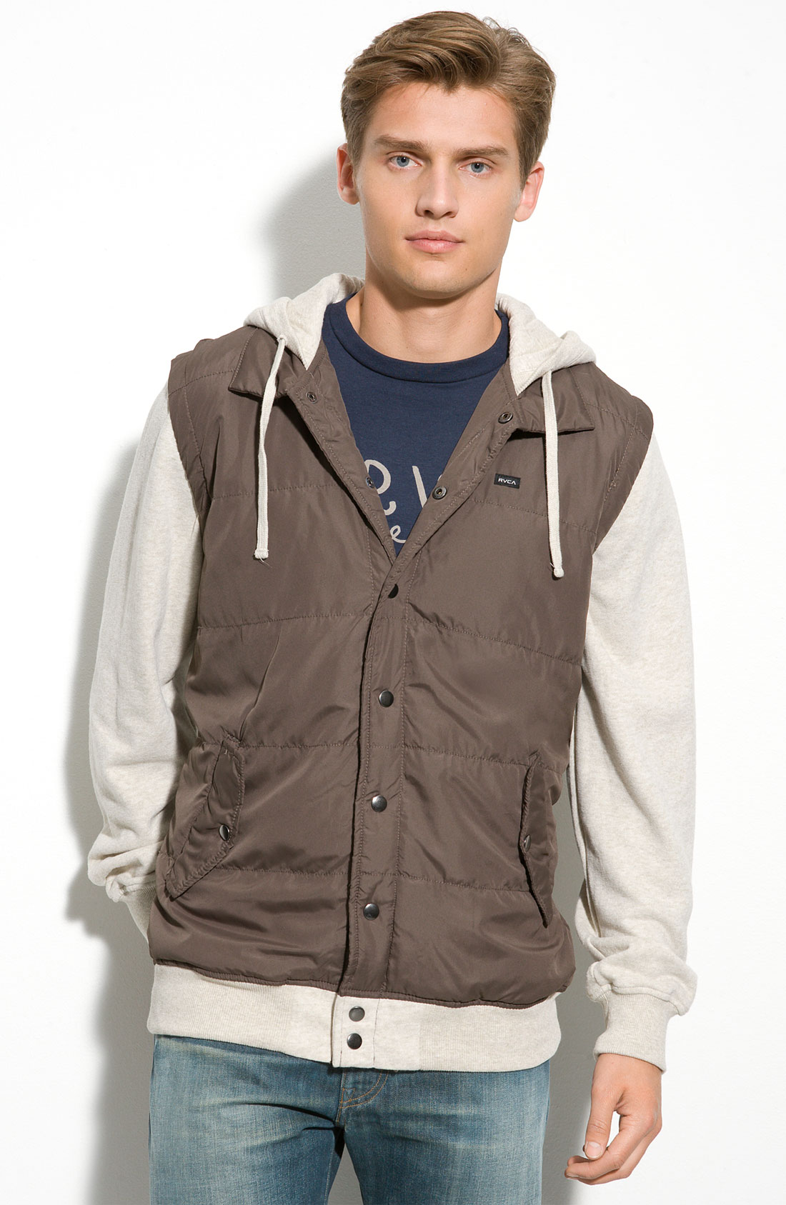 Rvca Layered Puffer Vest Fleece Hoody in Brown for Men (dark brown) | Lyst