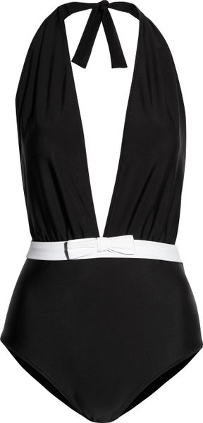 Miu Miu Bowembellished Halterneck Swimsuit in Black - Lyst