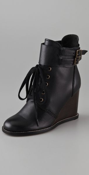 See By Chloé Laceup Wedge Bootie in Black - Lyst