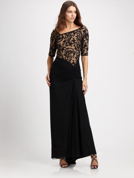 Tadashi Shoji Ruched Lace Gown in Black - Lyst