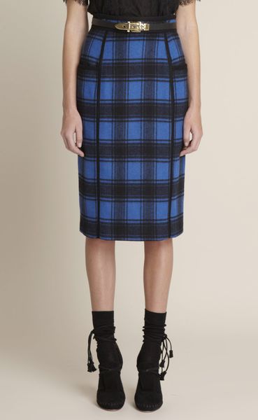 Adam Lippes Plaid Wool Pencil Skirt in Blue (blackblue) - Lyst