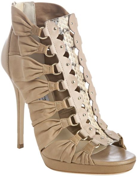 Jimmy Choo Tan Leather and Snakeskin Ember Cutout Heeled Sandals in Brown (tan) - Lyst
