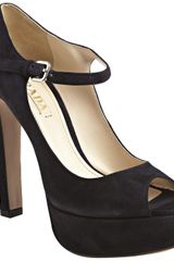 Prada Dark Navy Suede Peep Toe Mary Jane Platform Pumps