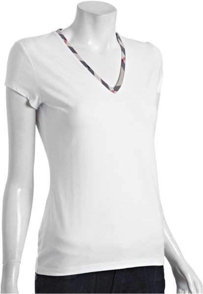 Burberry London White Stretch Cotton Nova Check Trim V Neck T Shirt in White - Lyst