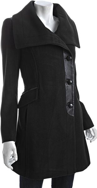 Cole Haan Black Woolcashmere Leather Trim Asymmetrical Coat in Black - Lyst