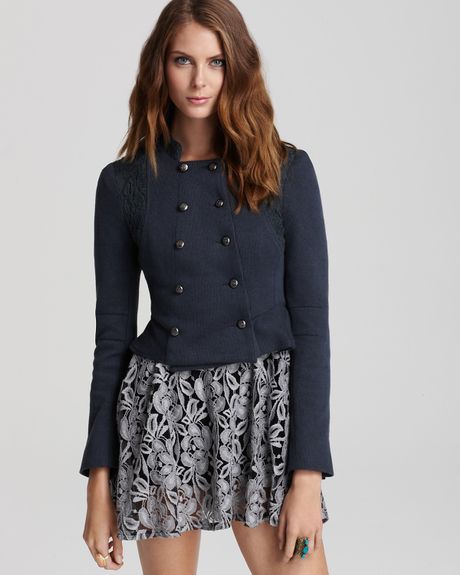 Free People Victorian Lace Overlay Jacket in Blue (midnight) - Lyst