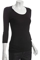 Three Dots Black Cotton Woven Detail Scoop Neck T-shirt Three Dots Black Cotton Woven Detail Scoop Neck T-shirt
