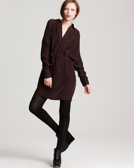 Vince Satin Popover Belted Dress in Red (cabernet) - Lyst