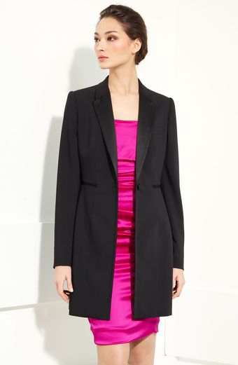  Long Stretch Wool Blend Tuxedo Jacket 