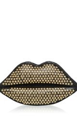 Lulu Guinness Black Studded Sparkle Leather Lips Clutch
