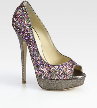 Jimmy Choo Vibe Glitter-coated Leather Peep Toe Pumps - Lyst