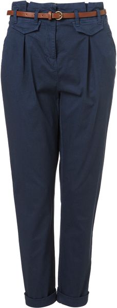 Topshop Navy High Waisted Belted Chino in Blue (navy blue) - Lyst