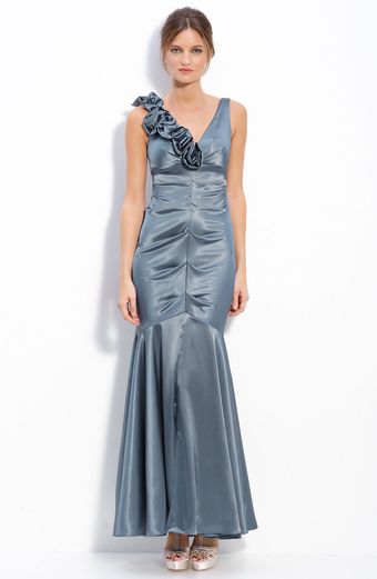 Xscape Floral Ruffle Stretch Satin Ruched Mermaid Gown - Lyst