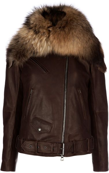 Balmain Fur Collar Leather Jacket in Brown - Lyst
