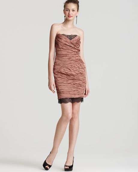 Bcbgmaxazria Rachael Strapless Mini Dress with Lace Hem in Brown (light taupe rose) - Lyst