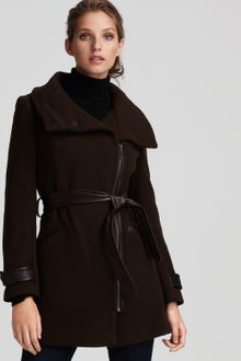 Cole Haan Asymmetric Belted Coat with Leather Trim - Lyst