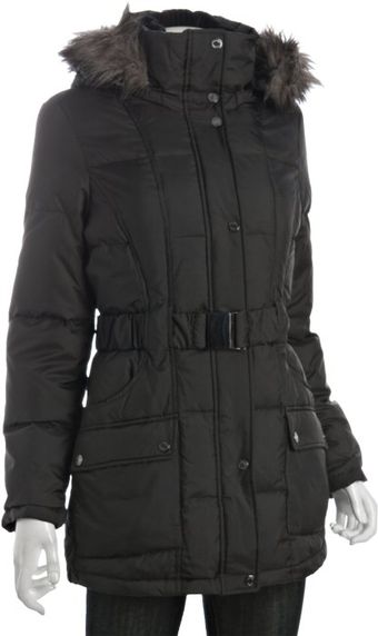  Black Quilted Belted Faux Fur Hooded Down Coat 