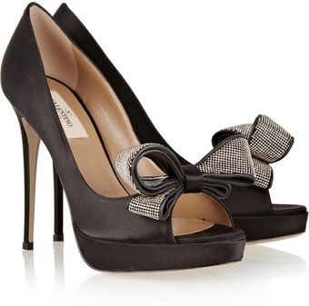 Valentino Bow-embellished Satin Peep-toe Pumps - Lyst