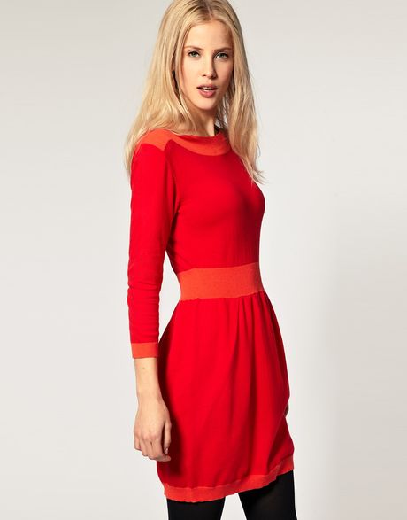 Asos Collection Asos Knitted Dress with Boat Neck in Red - Lyst