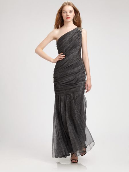 Tadashi Shoji Metallic Tulle Gown in Gray (pewter) - Lyst